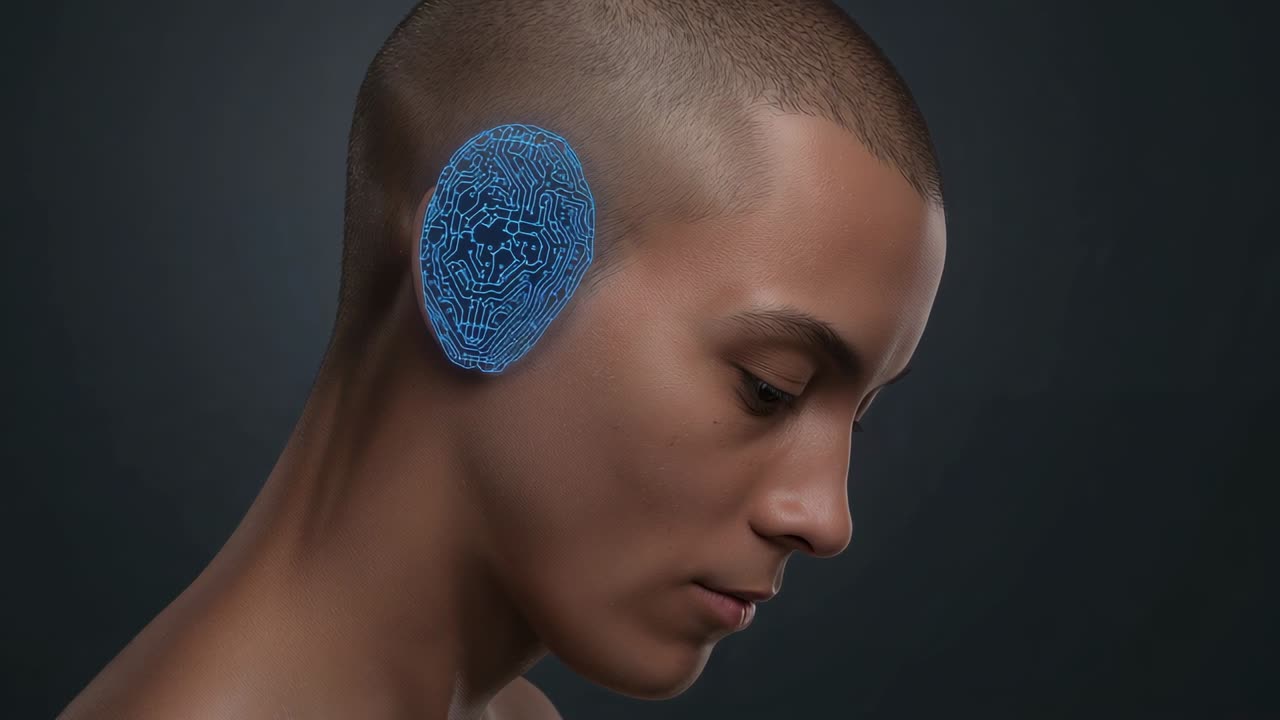 Showing shirtless man with blue circuit activating at left ear growing over shaved head studio demo