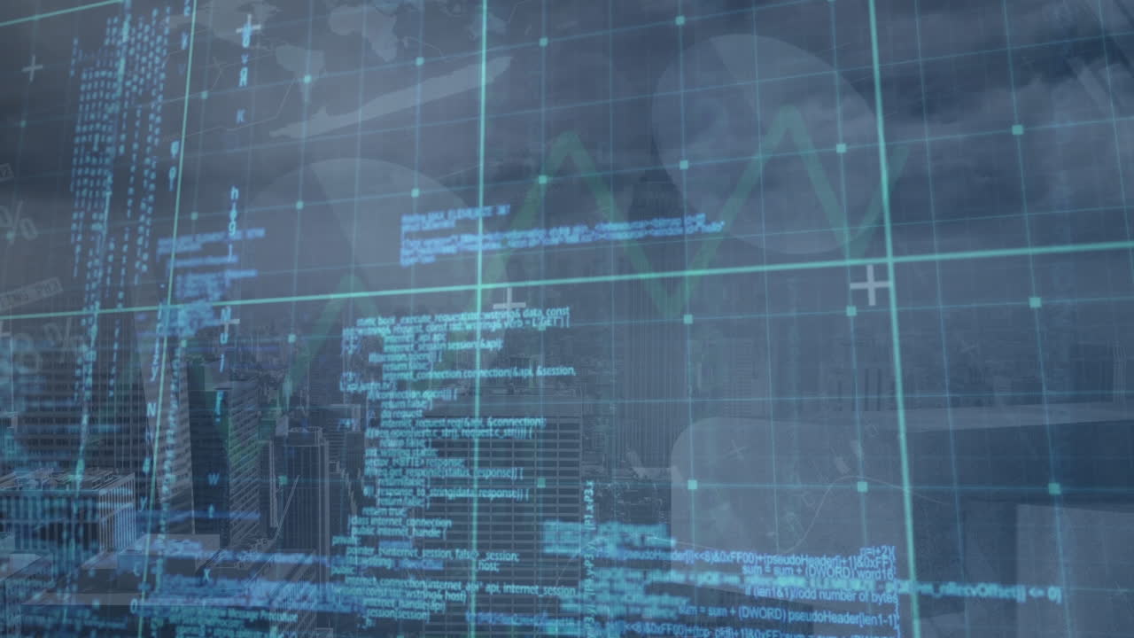 Animation of computer language over infographic interface, modern cityscape against cloudy sky