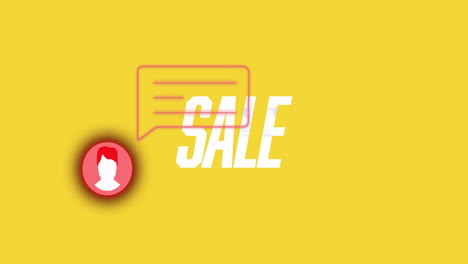 animación del icono del perfil en círculo, burbuja de habla y texto de venta en fondo amarillo