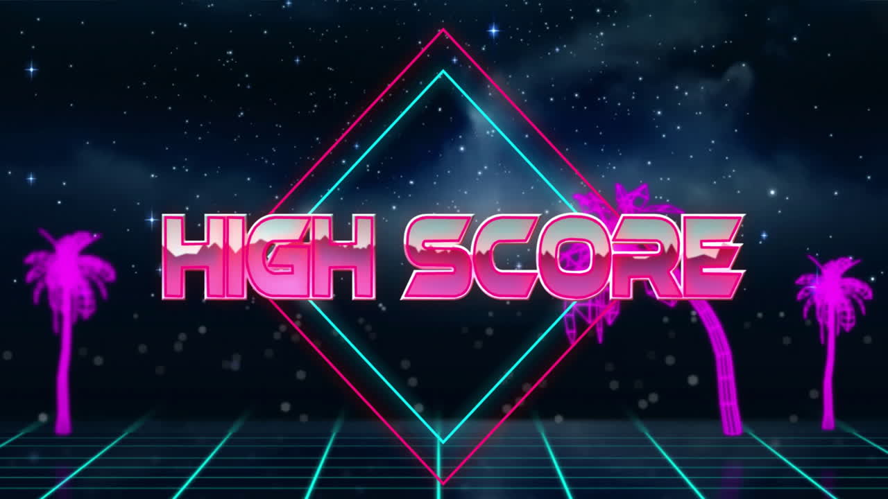 Highscore tekstanimation over neon geometriske former og stjerneklar nattebaggrund