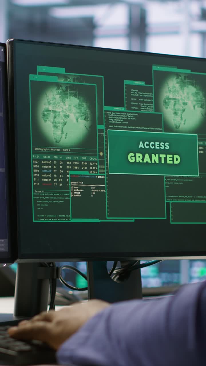 Vertical video Happy data center employee pleased after successfully installing cybersecurity