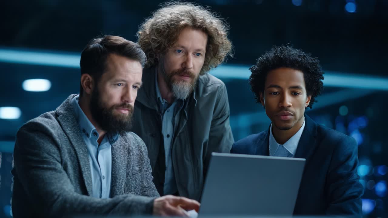 Three Professionals Collaborate Over a Laptop in a Modern Office Environment, Focusing Intensely on Data and Insights for Innovative Solutions and Strategic Planning