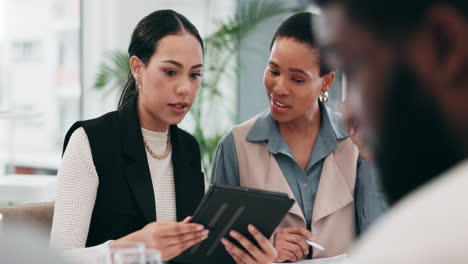 business people, meeting or group with a tablet
