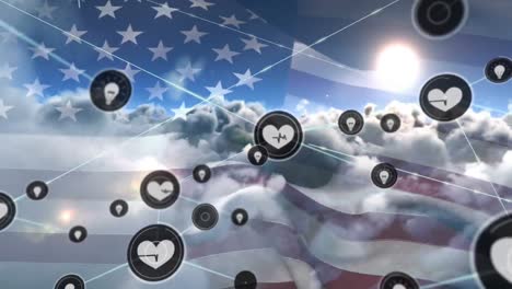 animation of network of digital icons over clouds and sun in the sky against waving american flag