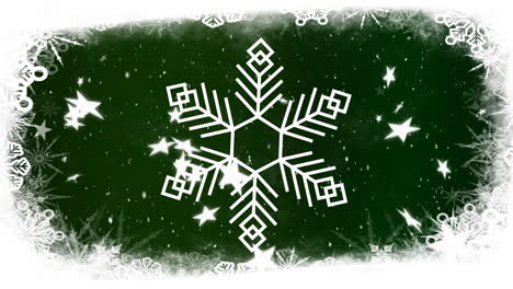 animation of snow flake over snow falling on green background