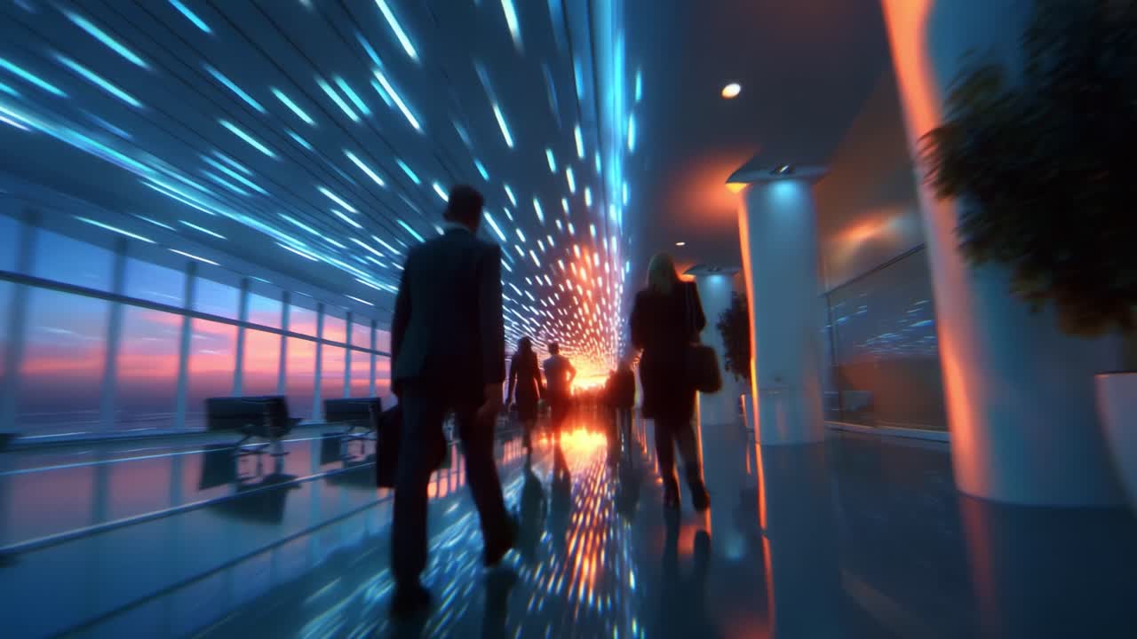 A vibrant scene depicting silhouetted figures walking through an airport terminal, illuminated by bright lights and a stunning sunset, showcasing the modern architectural design and tranquil ambiance