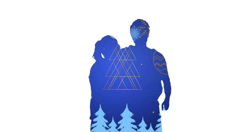 animation of triangles, trees, moon in sky, shadow of couple standing together over white background