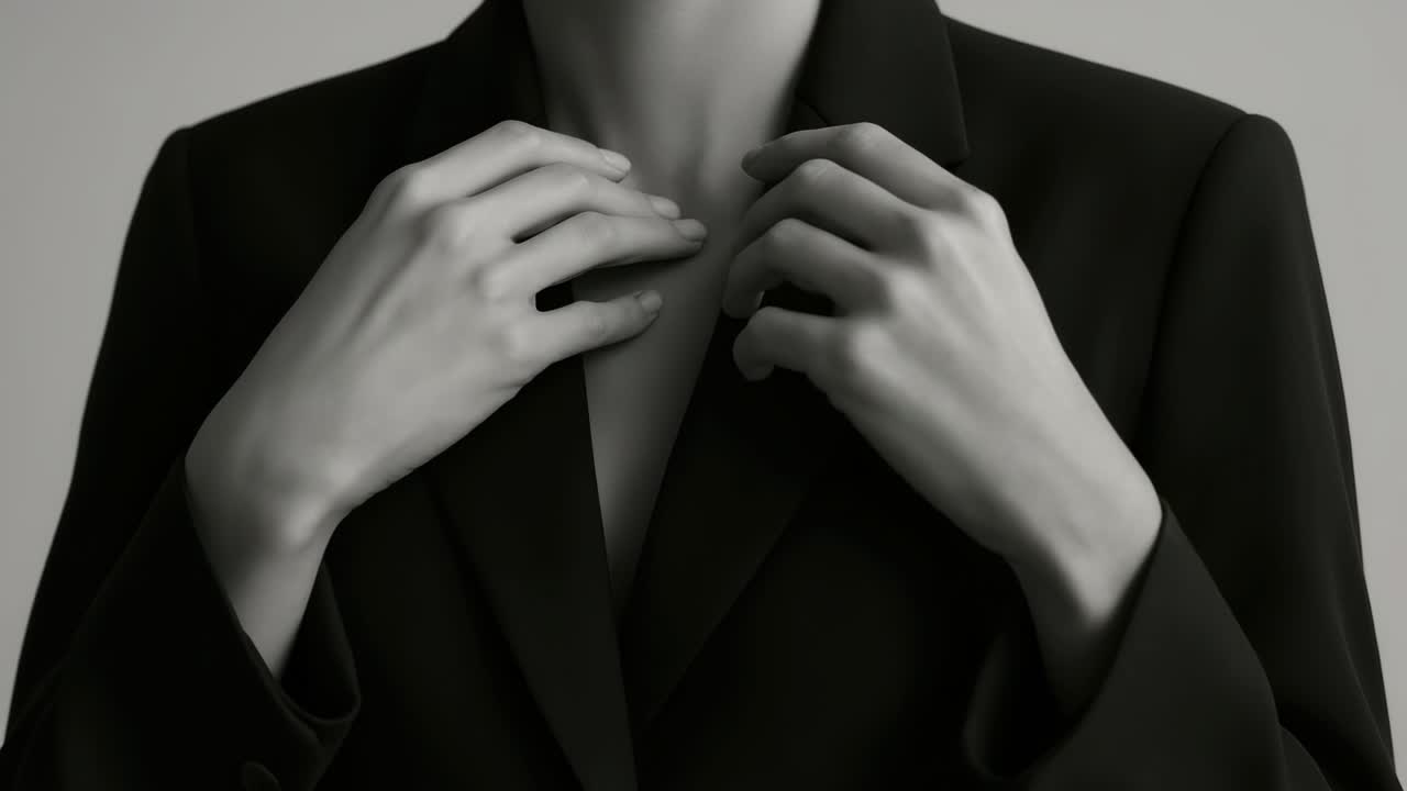 Primo piano in bianco e nero di mani che sistemano un blazer, ripreso da una angolazione bassa