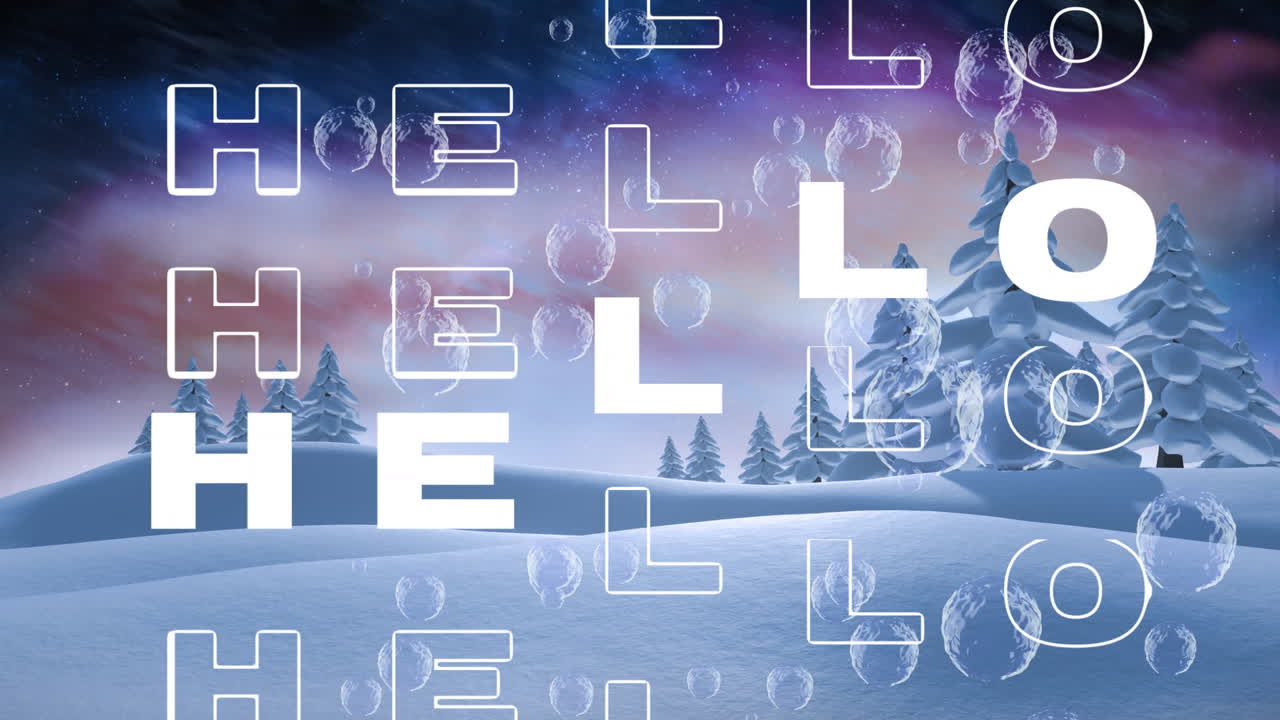Animation of Hello text with bubbles over snowy landscape and colorful sky