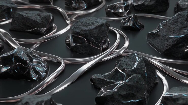 Abstract 3D Animation of Metallic Wires Weaving Through Dark Rocks
