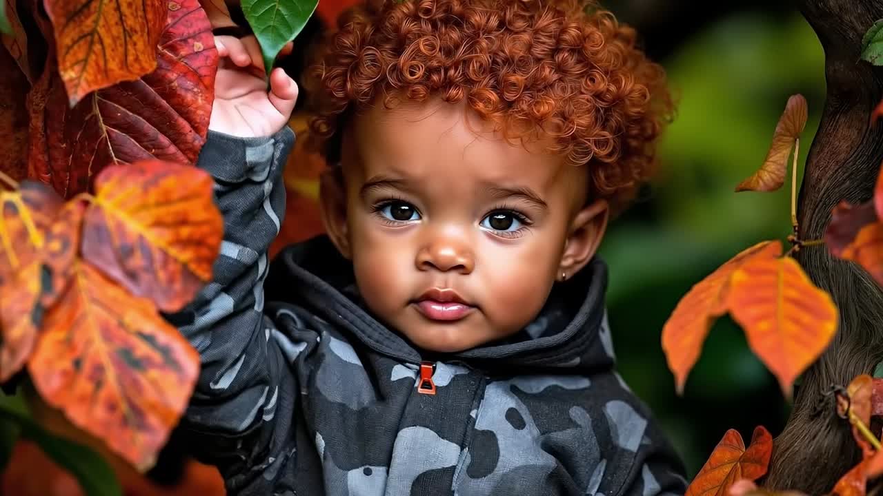 Un petit enfant aux cheveux bouclés debout devant un arbre