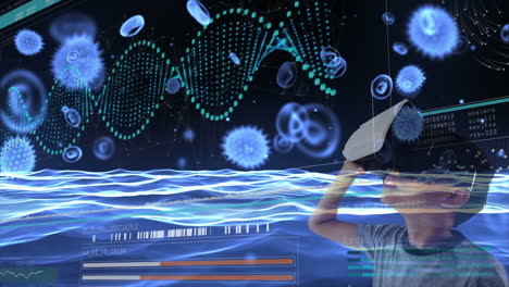 wearing vr headset, child exploring digital ocean with dna and microorganisms animation