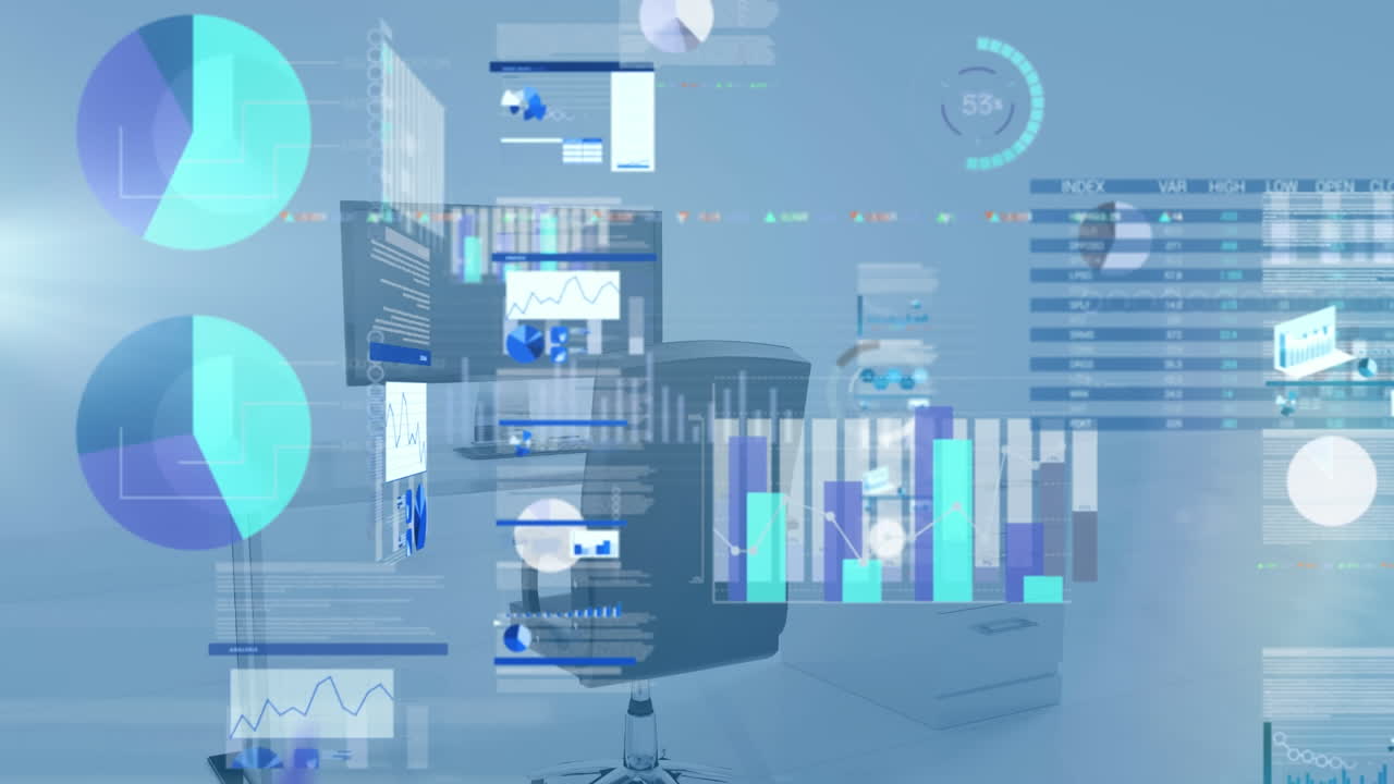 Animation of statistics and data processing over empty office