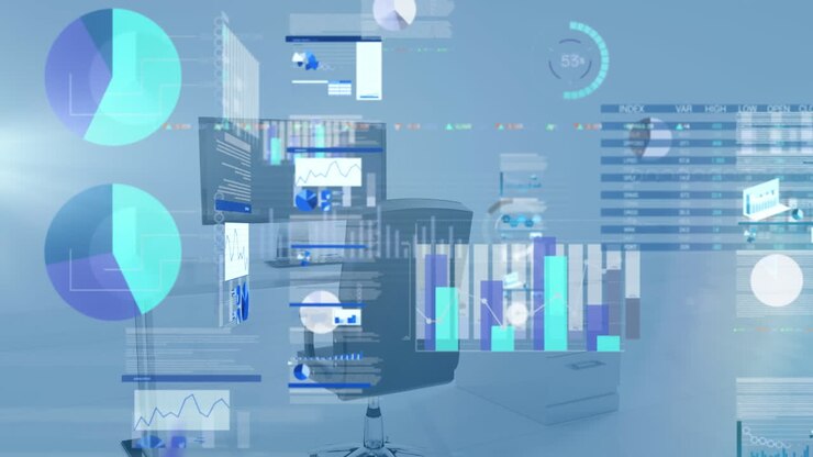 Animation of statistics and data processing over empty office