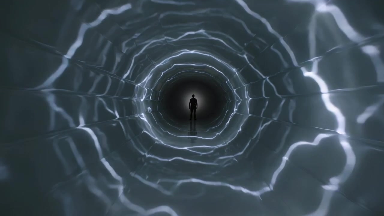 Anelli pulsanti spingono la telecamera in avanti attraverso un tunnel verso una silhouette maschile per rivelare un riflesso.