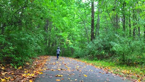 Ein-Junge,-Der-Durch-Einen-Grünen-Wald-Mit-Gefallenen-Gelben-Blättern-Auf-Dem-Boden-Läuft