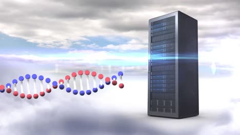 Animation-Der-DNA-Kette,-Datenverarbeitung-Und-Server-über-Wolken