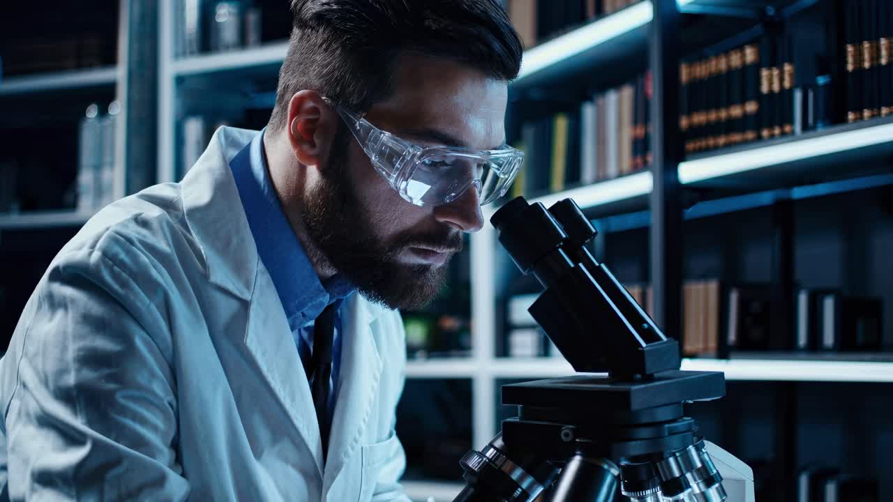 Vidéo en gros plan d'un scientifique en blouse de laboratoire utilisant un microscope, avec un éclairage ambiant bleu.