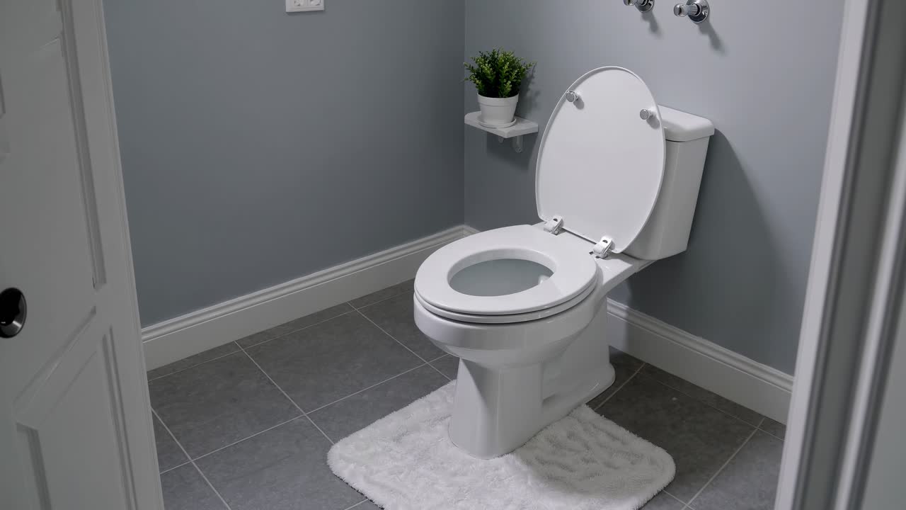 Un bagno pulito e moderno con un WC bianco e pareti grigie, ripreso dall'alto.