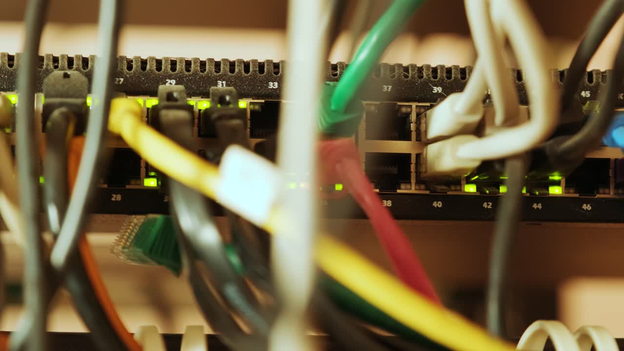 interruptor de red y cable ethernet en el gabinete de rack. tecnología de conexión de red y tiene un estado conducido para mostrar el estado de trabajo. concepto de infraestructura con cables conectados al centro de datos