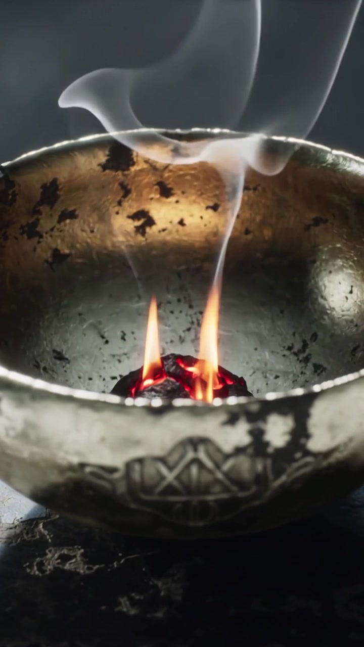 Video verticale: Tizzone che si accende all'interno di una ciotola decorata su una superficie di ardesia, producendo fumo a spirale e fiamme.