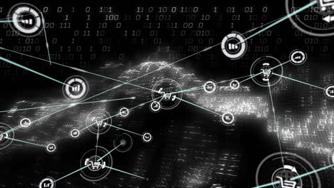 animation of network of connections with icons over binary coding data processing