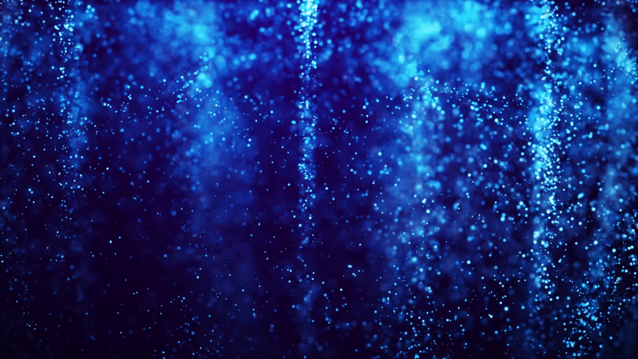 파란 빛의 입자가 보케와 함께 적적한 액체에 떠 있습니다. 빛의 마법의 반이는 추상적인 구조를 형성합니다. 축제 행사를위한 4k에서 환상적인 배경. 알파 채널로 루마 매트.