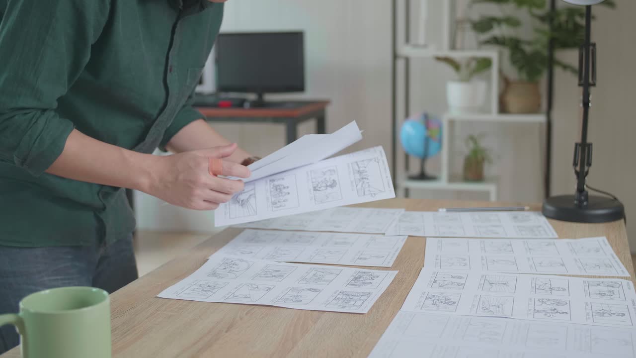 Creative Designer Works On A Storyboard, Looks At His Sketches And Concepts, Choosing The Best Drawings For His Project, Comics Compilation, Application Ui Or Game Plot