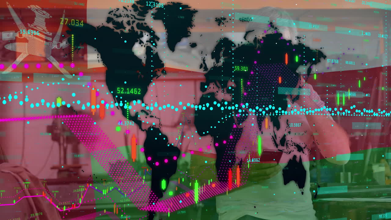 Man wearing headset making phone call at trading desk overlaying world map showing price labels
