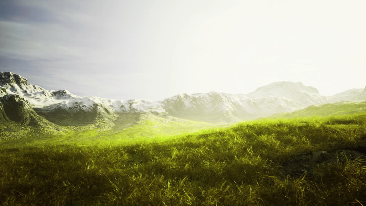 Mountain landscape with lush green grass and distant snowy peaks during daytime