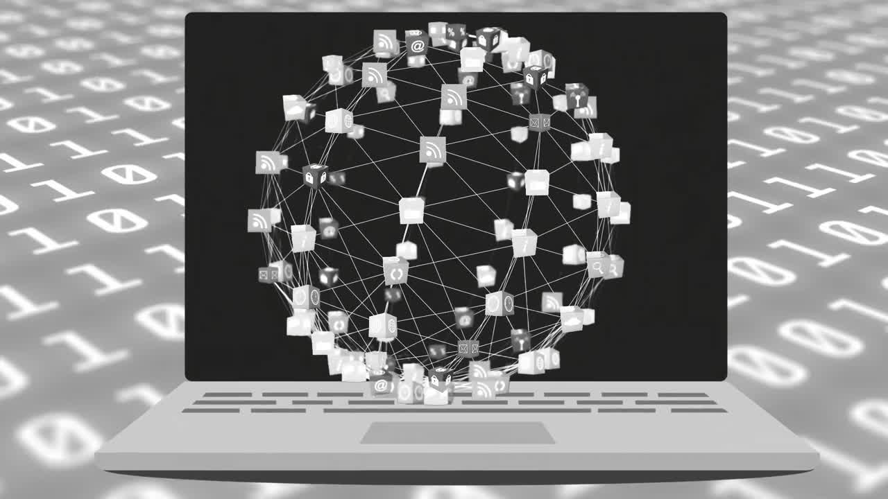animación de la red de conexiones sobre la pantalla del portátil y código binario en fondo gris