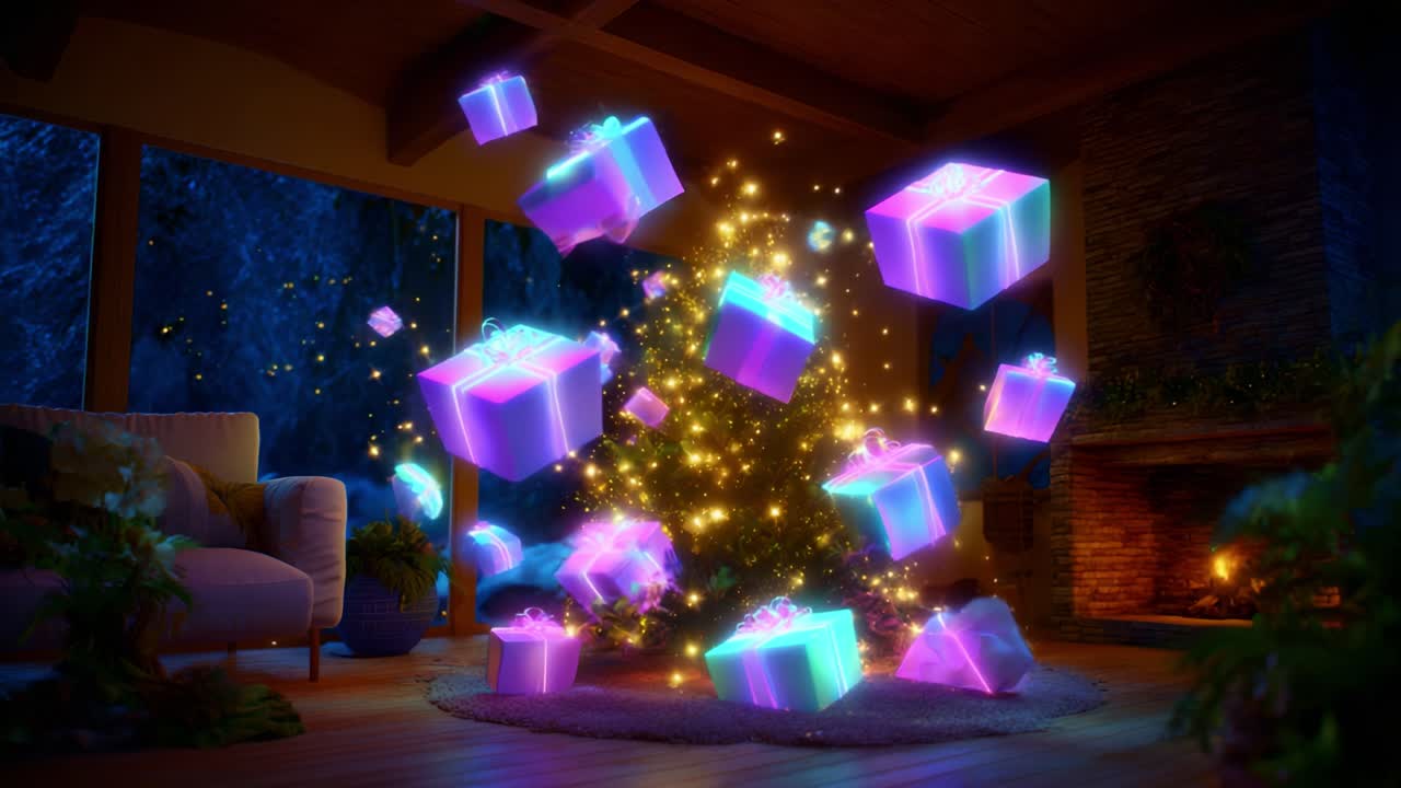 A Magical Christmas Scene Featuring Floating Gifts Surrounding a Beautifully Decorated Tree with Glimmering Lights and Sparkling Effects, Creating a Festive Atmosphere of Joy and Celebration