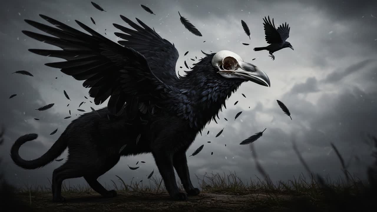 A Mysterious Creature with Wings and a Skull: A Surreal Fantasy Illustration of a Black Cat with Crow Features Under Dramatic Skies