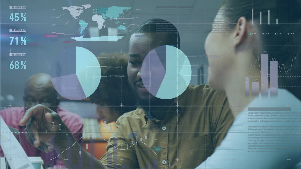 Animation of financial data processing over diverse business people