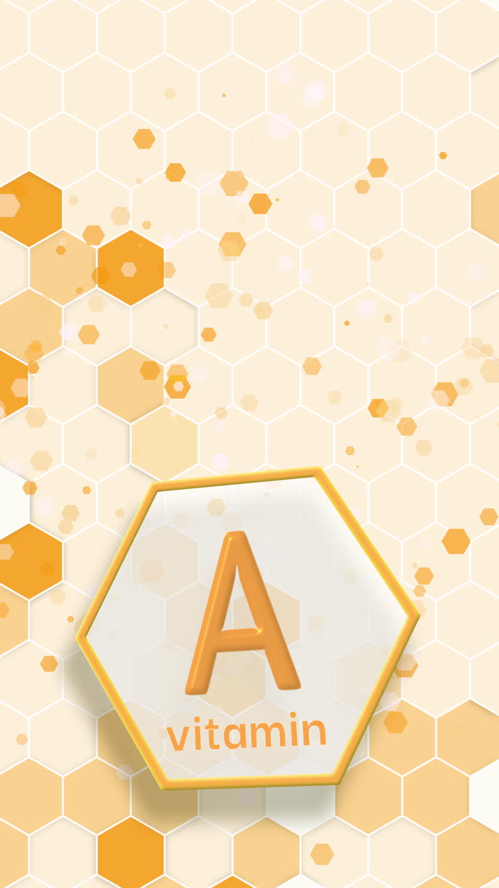 Yellow animated background with hexagon grid and vitamin A icon. Medical and scientific concepts. Vertical video.