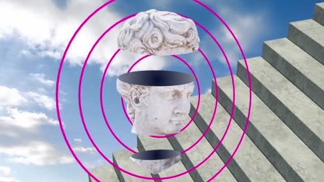 animation of antique sliced head sculpture overpink circles, staircase and clouds