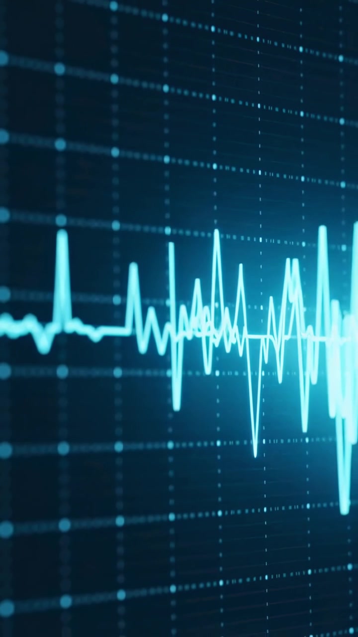 Video verticale: Una traccia luminosa color verde acqua disegna picchi mentre il cursore colpisce una griglia, simulando un battito cardiaco.