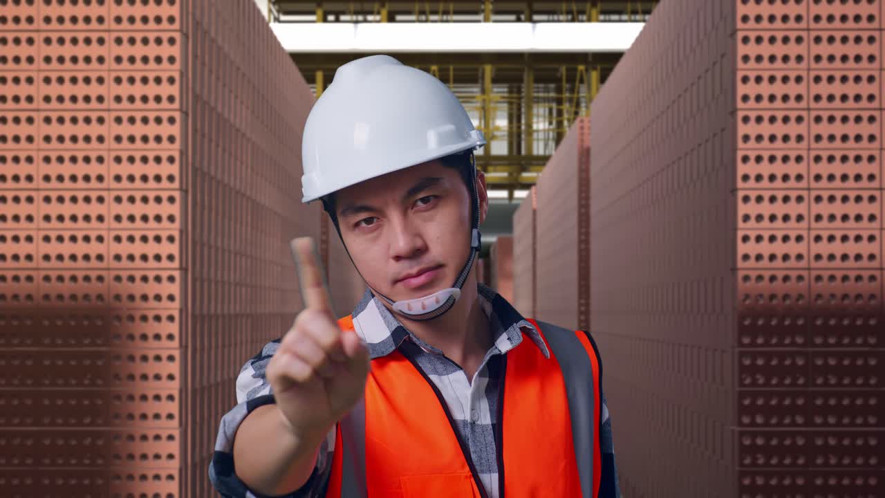 Close Up Of Asian Male Engineer With Safety Helmet Disapproving With No Index Finger Sign While Standing With Red Brick Packed in Stacks Are Stored