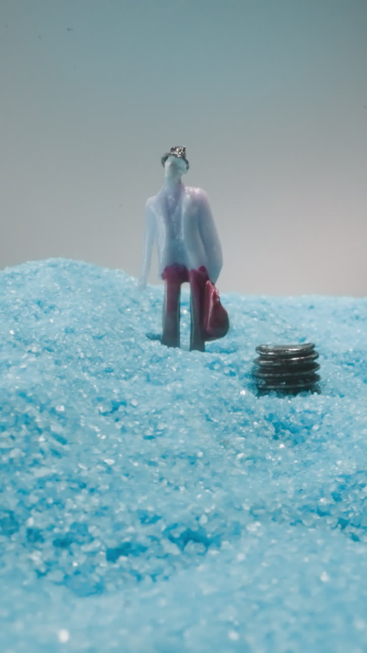 Artificial figure of senior man with bag standing near bench. Figurine walking on soft blue sand shimmering at bright light under grey sky macro