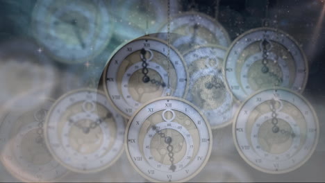 animación del globo terrestre y el espacio sobre los relojes que tiquetean