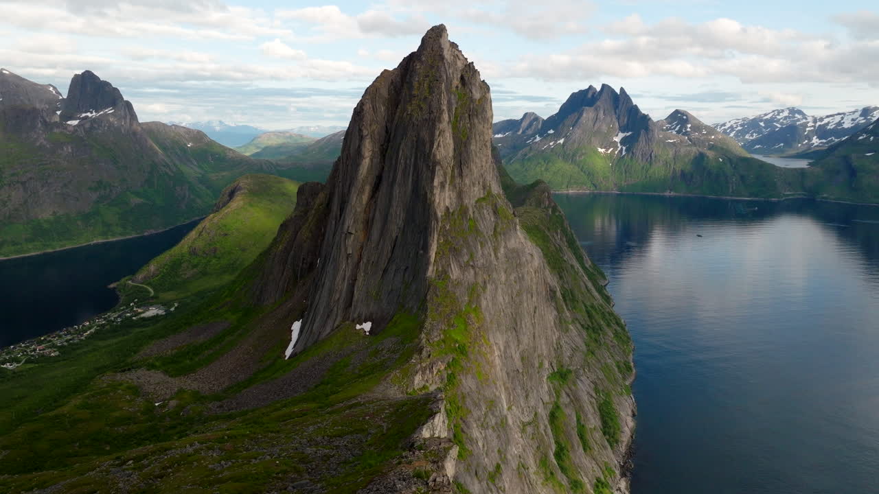 Dramatic iconic Segla mountain in Fjordgard in scenic Norway landscape, aerial