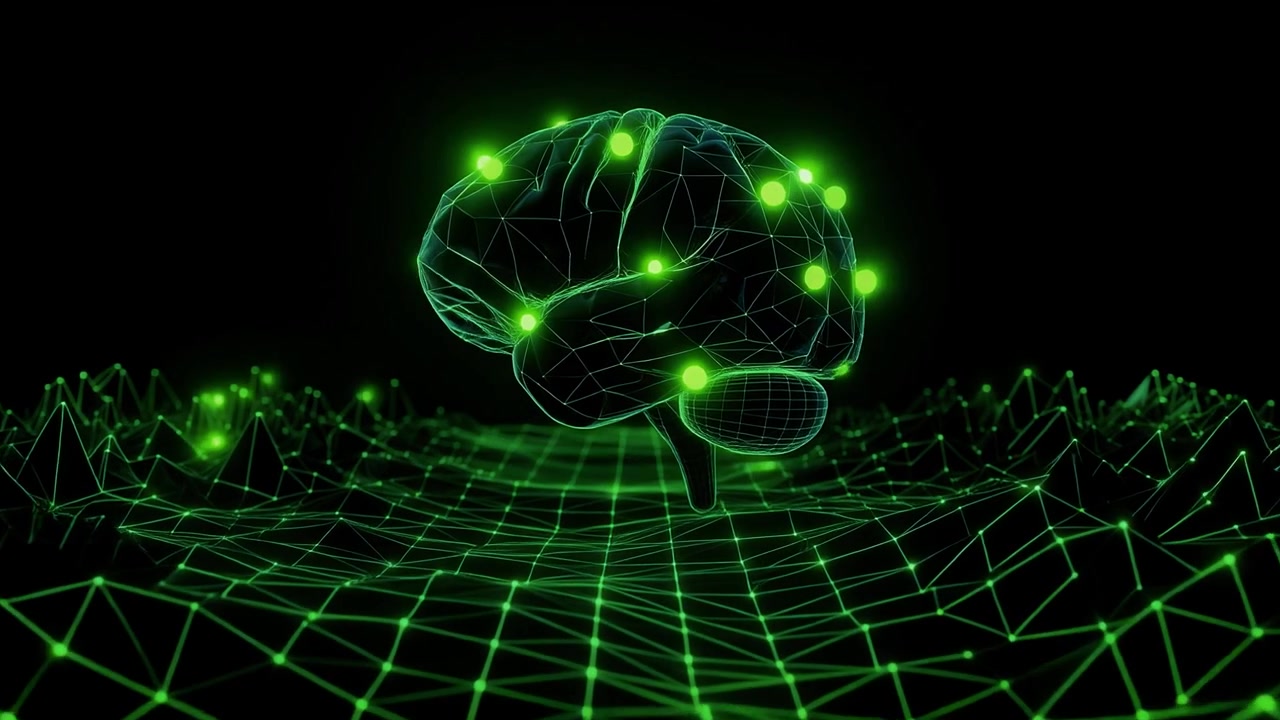 Conceptual AI Brain with Glowing Nodes on a Digital Grid