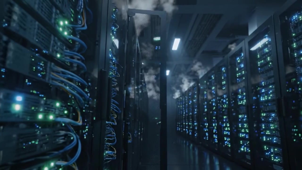 A Captivating Look Inside a High-Tech Data Center: Exploring the Advanced Server Racks Illuminated by Vibrant LED Lights and Mysterious Steam
