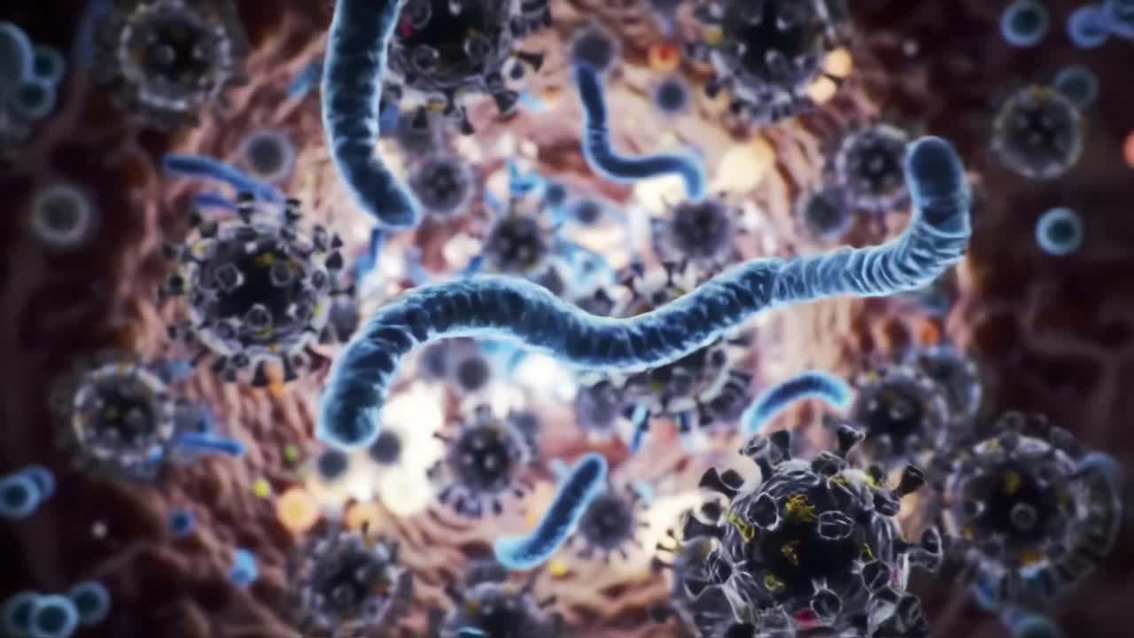 A Detailed Exploration of Microbial Life: Captivating Imagery of Vibrant Microorganisms Interacting in a Dynamic Cellular Environment
