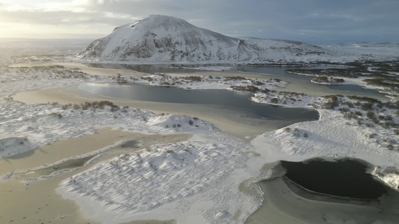 escena de invierno en el norte de islandia al atardecer mirando sobre piscinas de agua y montañas, aero