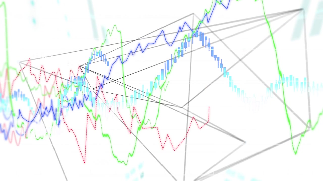 Thin gray wireframe form rotating and shifting as chart traces rising to show layered data trends