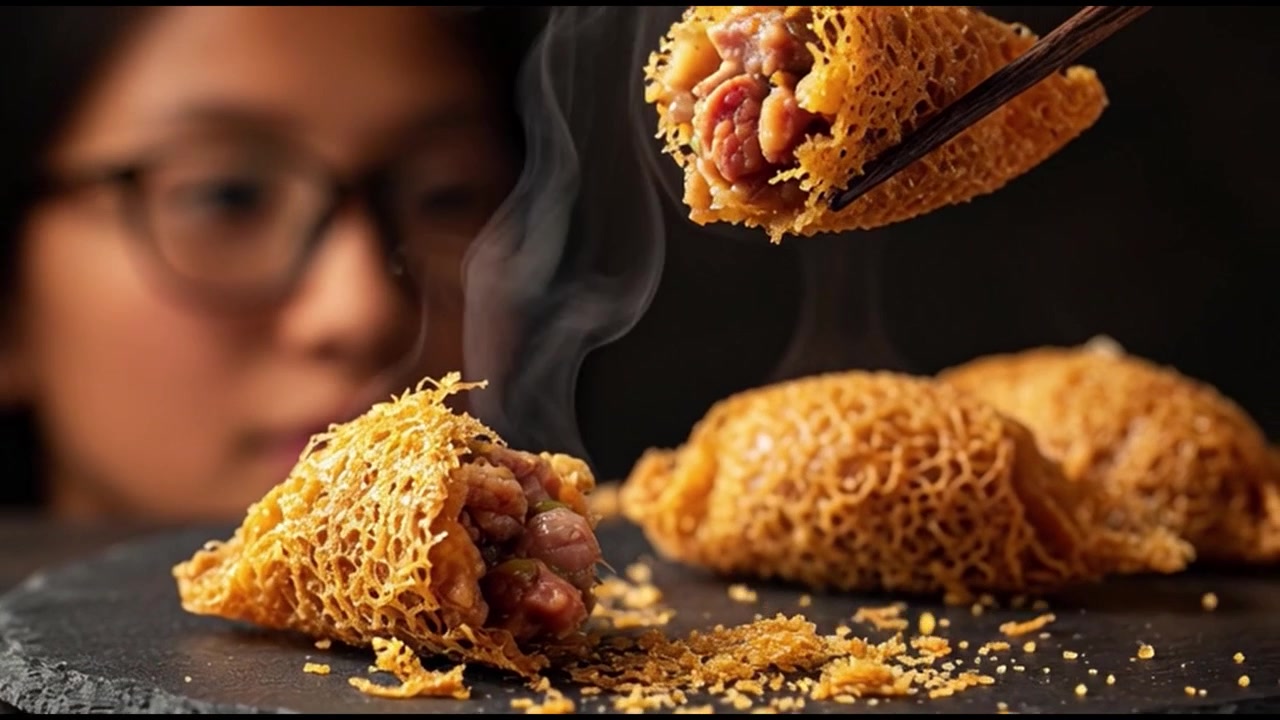 Person ser dampende sprød friturestegt dumpling holdt med spisepinde