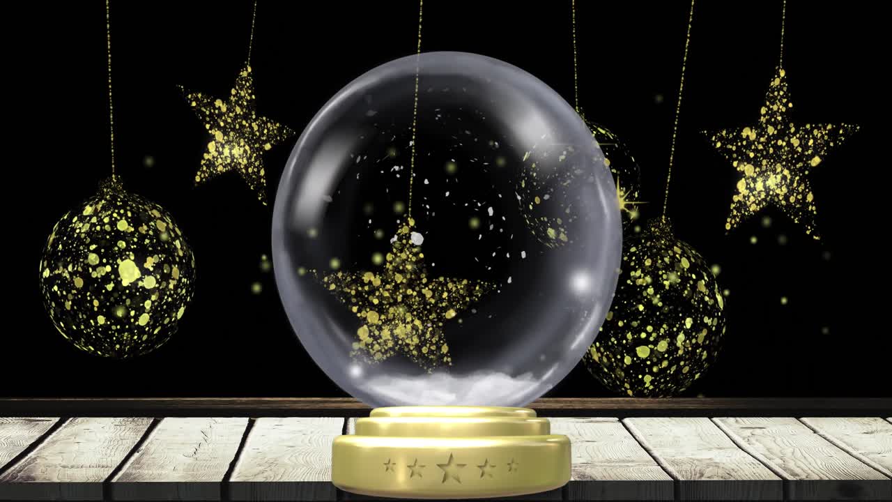 검은색 배경에 눈이 내리는 크리스마스 스노우 글로브의 애니메이션