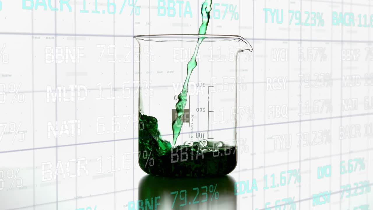Animazione di elaborazione dati finanziari su un liquido che si versa in una provetta da laboratorio.