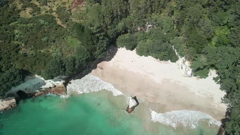 Aerial-drone-view-of-waves-crashing-into-the-shoreline-of-Cathedral-Cove,-Coromandel-Peninsula